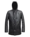 Draxlen Hooded Black Leather Utility Coat
