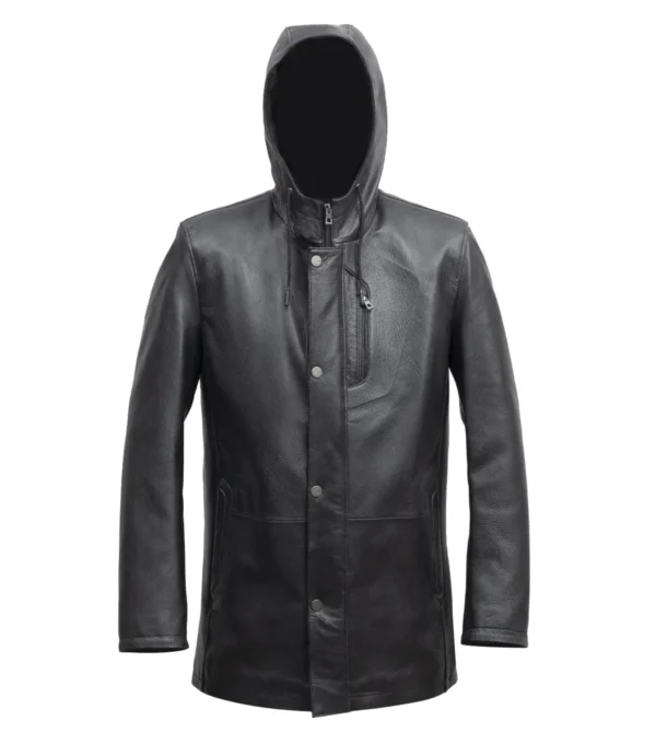 Draxlen Hooded Black Leather Utility Coat
