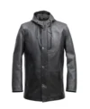 Draxlen Hooded Black Leather Utility Coat Front