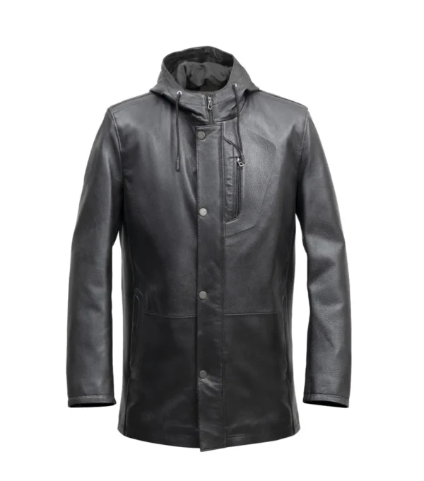 Draxlen Hooded Black Leather Utility Coat Front
