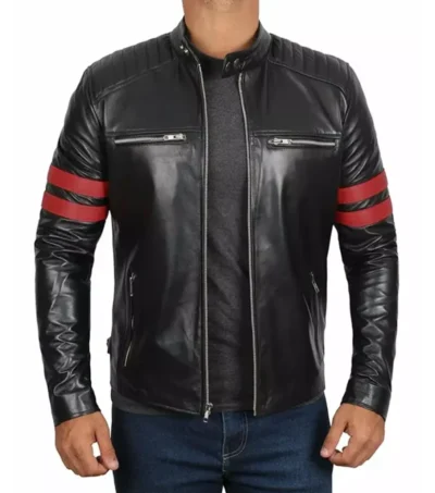 Drayven Black Cafe Racer Leather with Red Bicep Lines Jacket