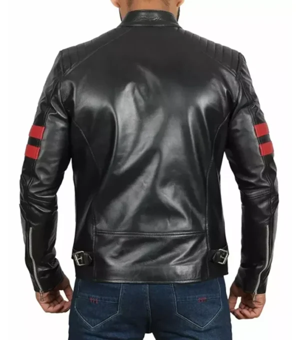 Drayven Black Cafe Racer Leather with Red Bicep Lines Jacket Back