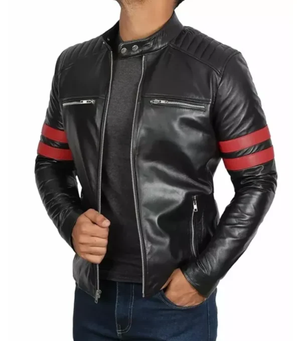 Drayven Black Cafe Racer Leather with Red Bicep Lines Jacket Side Look