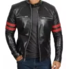 Drayven Black Cafe Racer Leather with Red Bicep Lines Jacket on Sale