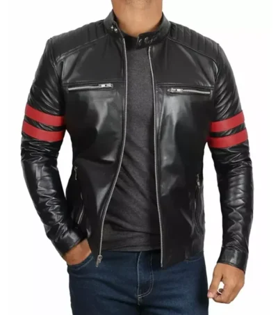 Drayven Black Cafe Racer Leather with Red Bicep Lines Jacket on Sale