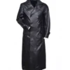 Drevano Black Leather Double Breasted Long Coat Jacket