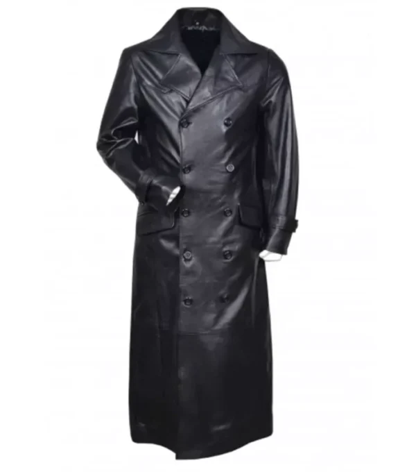 Drevano Black Leather Double Breasted Long Coat Jacket