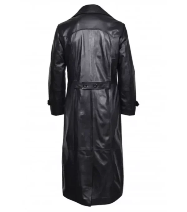 Drevano Black Leather Double Breasted Long Coat Jacket Back