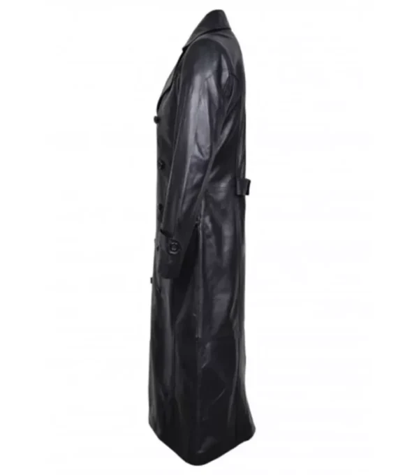 Drevano Black Leather Double Breasted Long Coat Jacket Side Look