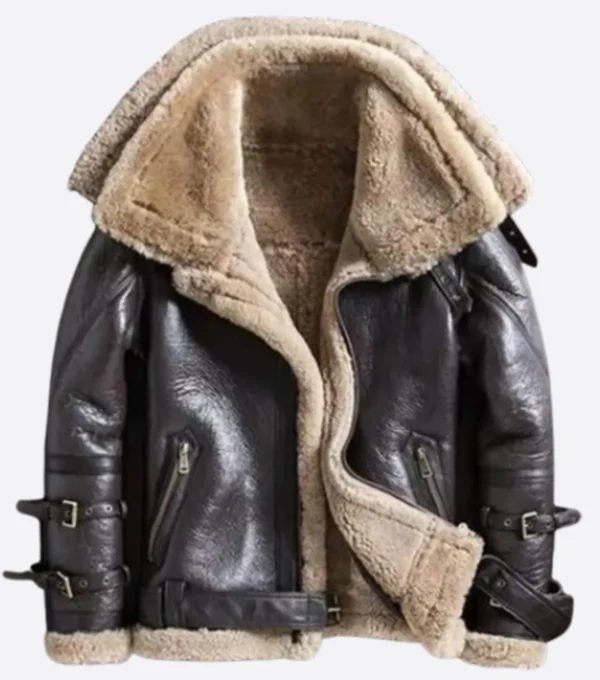 Ferlow Rugged Shearling Collar Distressed Leather Jacket