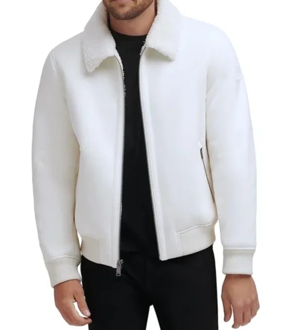 Frovian White Bomber Leather Jacket Front