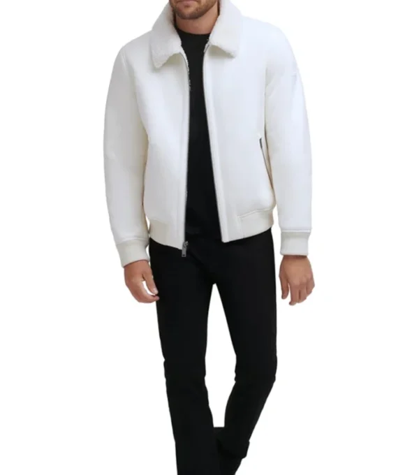 Frovian White Bomber Leather Jacket on Sale