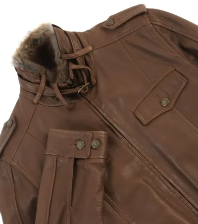 Gorlen Brown Fur Lined Leather Trucker Jacket Closer