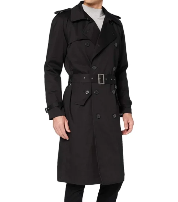 Halvorn Black Cotton Double Breasted Belted Long Jacket