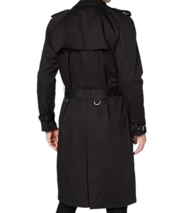 Halvorn Black Cotton Double Breasted Belted Long Jacket Back