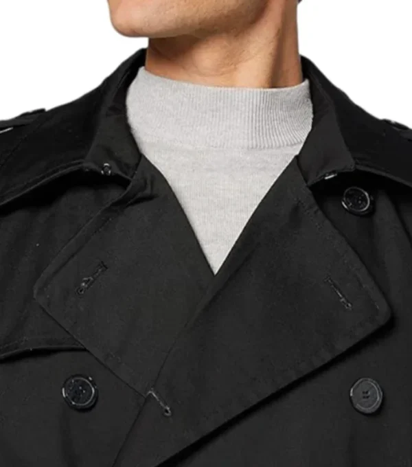 Halvorn Black Cotton Double Breasted Belted Long Jacket Closer