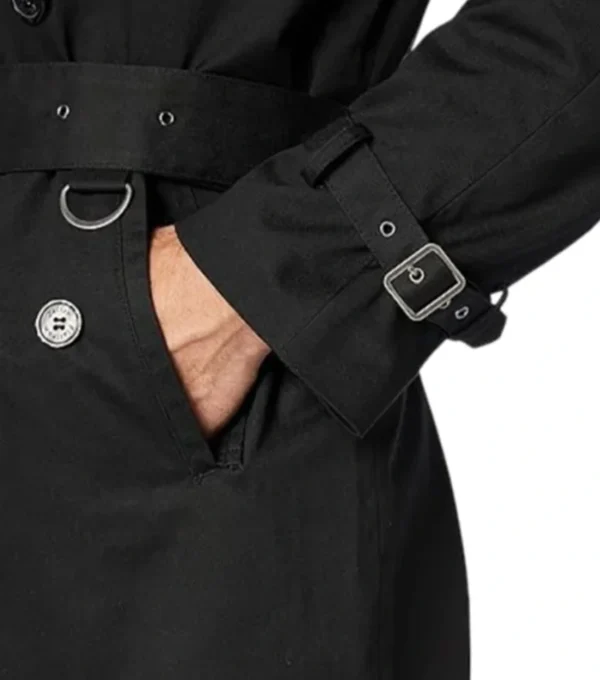 Halvorn Black Cotton Double Breasted Belted Long Jacket Cuff