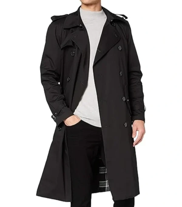 Halvorn Black Cotton Double Breasted Belted Long Jacket Front