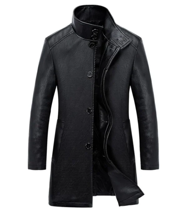 Kaelen Stand Up Collar Black Leather Coat
