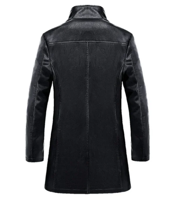 Kaelen Stand Up Collar Black Leather Coat Back
