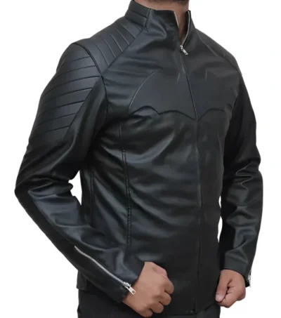 Kyrovan Black Leather with Batman Logo Jacket Side Look