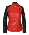 Lunvera Red and Black Asymmetrical Leather Biker Jacket