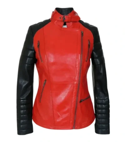 Lunvera Red and Black Asymmetrical Leather Biker Jacket