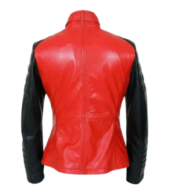 Lunvera Red and Black Asymmetrical Leather Biker Jacket Back