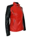 Lunvera Red and Black Asymmetrical Leather Biker Jacket Side Look