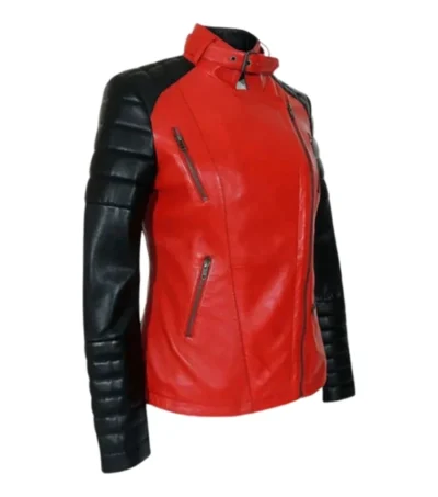 Lunvera Red and Black Asymmetrical Leather Biker Jacket Side Look