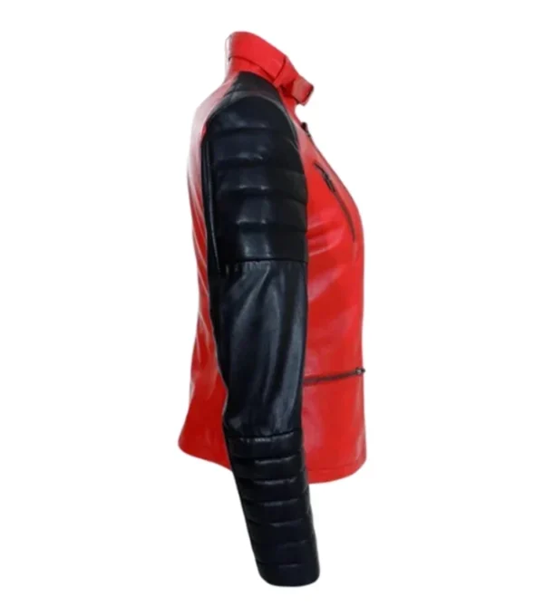 Lunvera Red and Black Asymmetrical Leather Biker Jacket on Sale