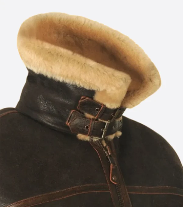 Mernox Distressed Shearling Trimmed Leather Jacket Collar
