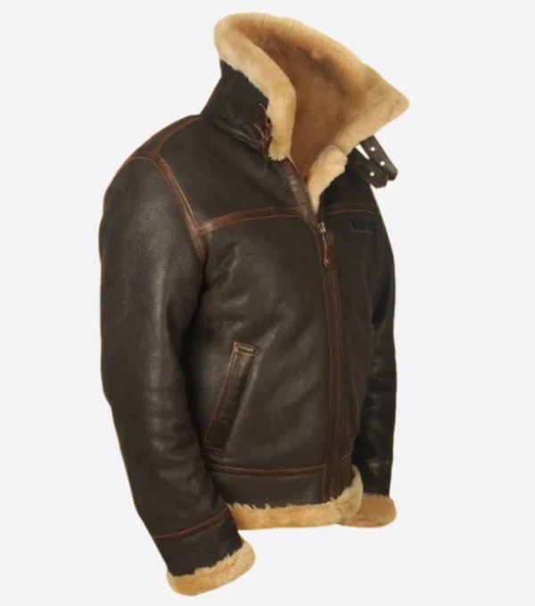 Mernox Distressed Shearling Trimmed Leather Jacket Side Look