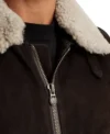 Morvick Dark Brown Suede Leather with White Fur Collar Jacket Closer