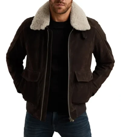 Morvick Dark Brown Suede Leather with White Fur Collar Jacket Front