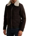 Morvick Dark Brown Suede Leather with White Fur Collar Jacket Side Look