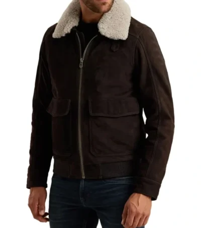 Morvick Dark Brown Suede Leather with White Fur Collar Jacket Side Look