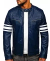 Navrix Blue Striped Leather Biker Jacket