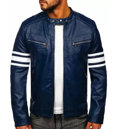 Navrix Blue Striped Leather Biker Jacket