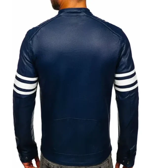 Navrix Blue Striped Leather Biker Jacket Back