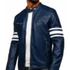 Navrix Blue Striped Leather Biker Jacket Front