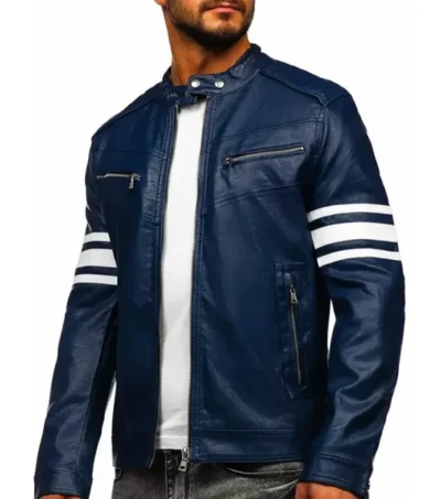 Navrix Blue Striped Leather Biker Jacket Front