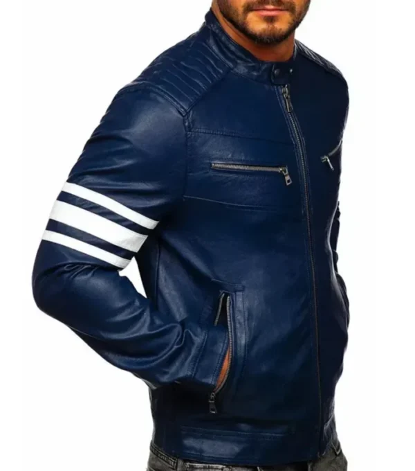 Navrix Blue Striped Leather Biker Jacket Side Look