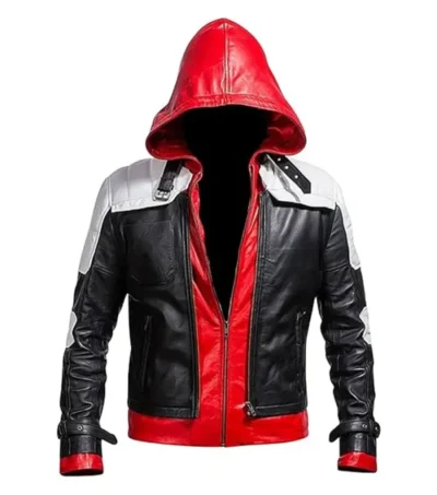 Nexlar Black Leather Hooded with Back Batman Logo Jacket