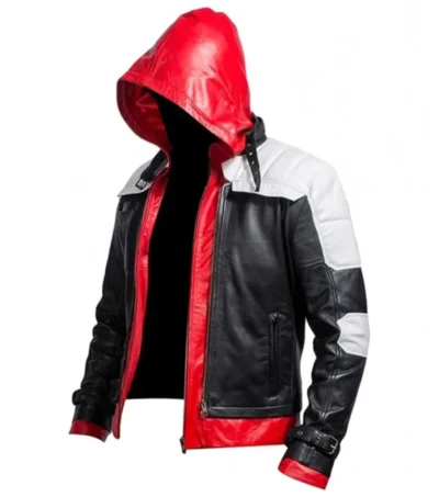 Nexlar Black Leather Hooded with Back Batman Logo Jacket Side