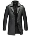 Norell Black Lapel Collar Buttoned Leather Coat