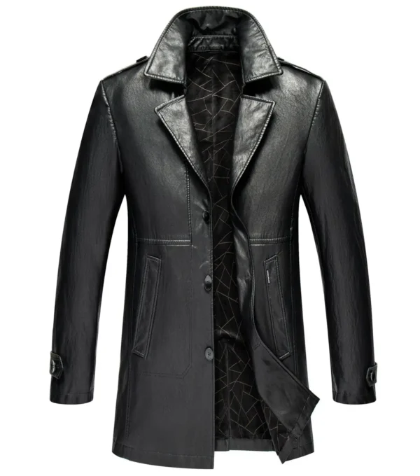 Norell Black Lapel Collar Buttoned Leather Coat