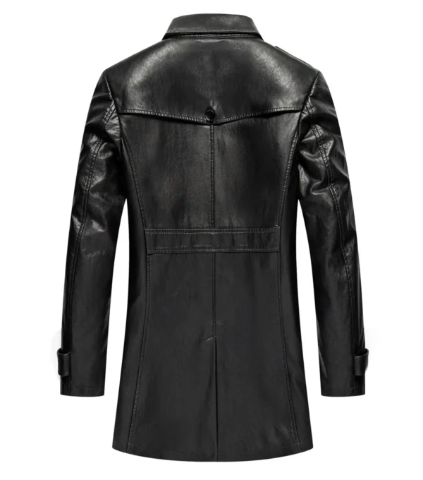 Norell Black Lapel Collar Buttoned Leather Coat Back
