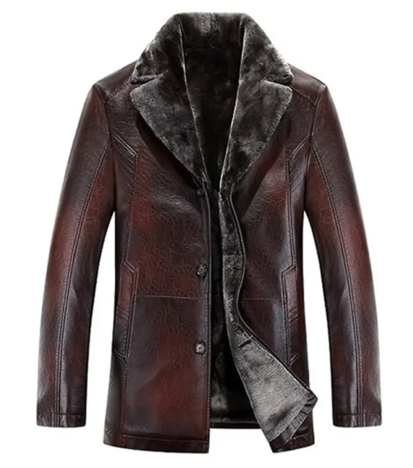 Norvyn Classic Shearling Collar Distressed Leather Coat