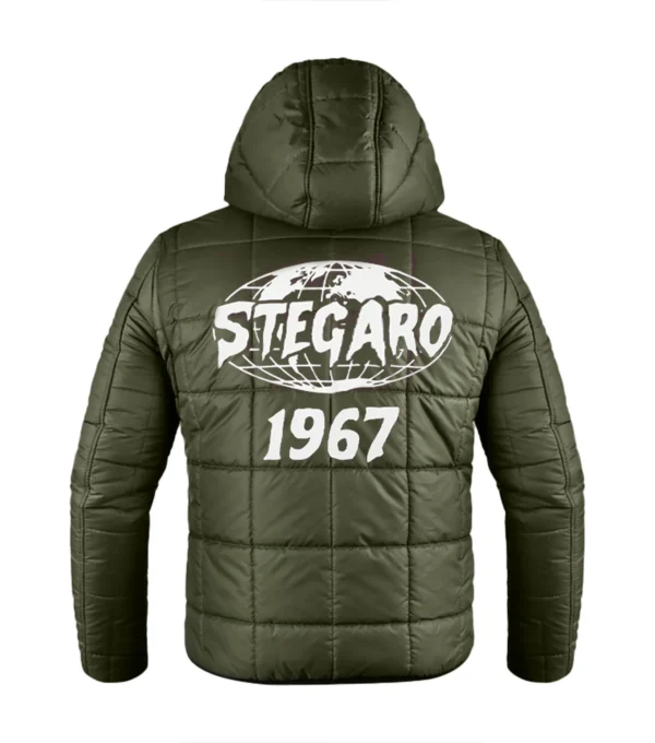 Olive Puffer Hooded Jacket Back